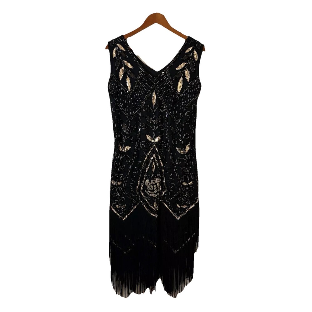 Metme Womens Beaded Midi Dress 2Xl Black Sequin Fringe Jersey Cocktail New Years